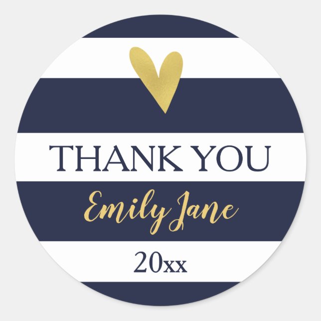 Gold Heart Navy Blue Stripes Baby Shower Stickers (Vorderseite)