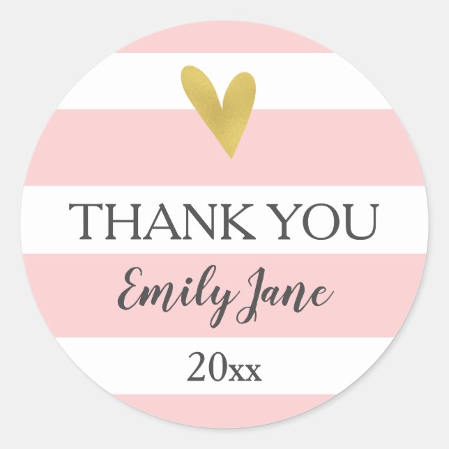 Gold Heart Pink White Stripes Baby Shower Stickers (Vorderseite)