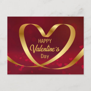 Gold Heart Ribbon Happy Valentine's Day Red Postkarte