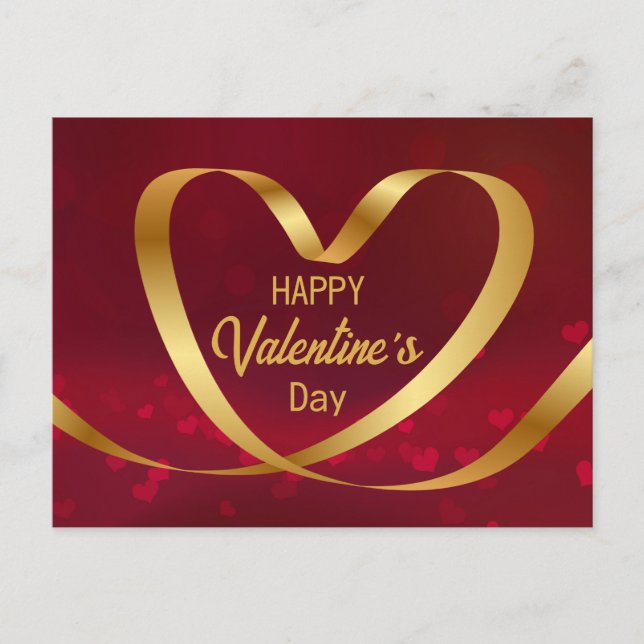 Gold Heart Ribbon Happy Valentine's Day Red Postkarte (Vorderseite)