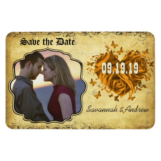 Gold Heart Rose & Buttterfliegen Save the Date Magnet (Horizontal)