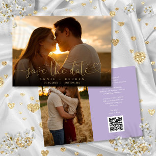 Gold Heart Script Foto Wedding QR Code Lavender Save The Date