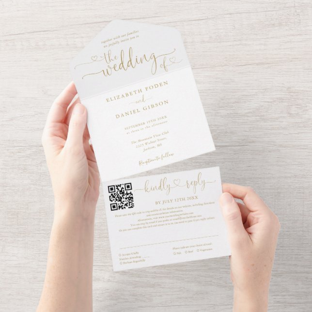 Gold Heart Script Moderner QR Code Hochzeit All In One Einladung (Abreißen)