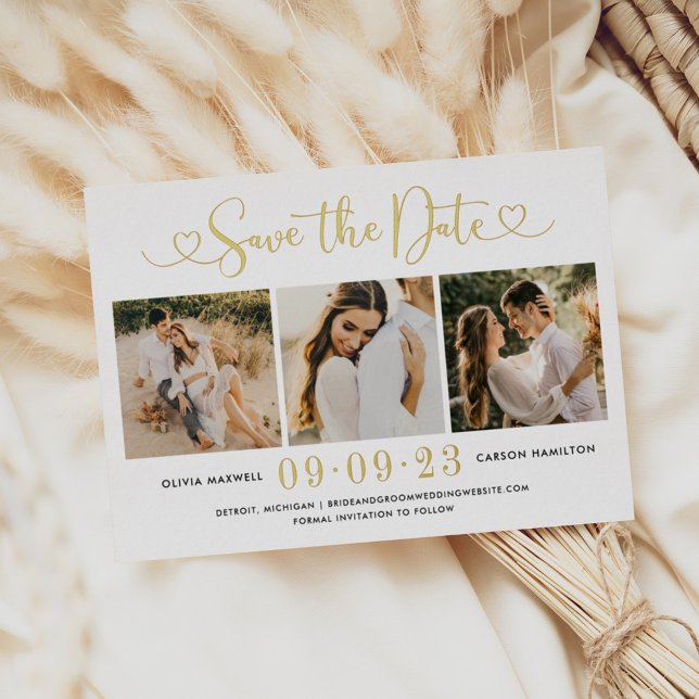 Gold Heart Script Wedding Foto Save the Date Folieneinladung (Von Creator hochgeladen)