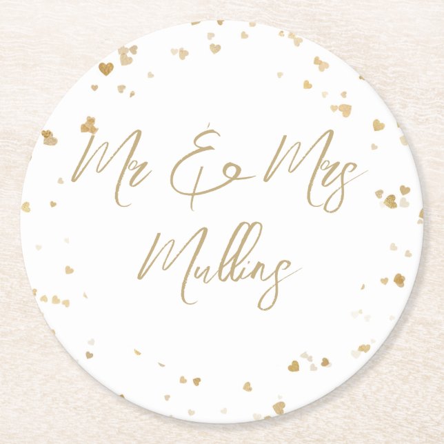 Gold Heart Wedding Coaster Runder Pappuntersetzer (Vorderseite)