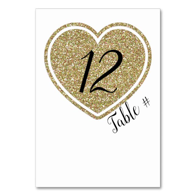 Gold Heart Wedding Tischnummer Card (Vorderseite)