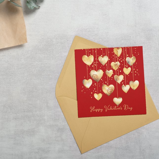 Gold Hearts auf einem String Mitteilungskarte (Cute and small school Valentine's Day cards for kids.  Customize the front and back of this card. )