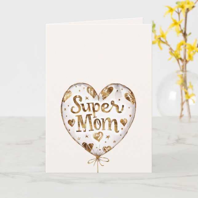 Gold Hearts Balloon Super Mom (mother's day)    Karte (Gelbe Blume)