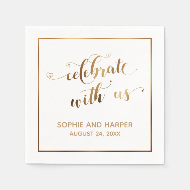 Gold Hearts & Border Celebrate mit uns, White Serviette (Vorderseite)