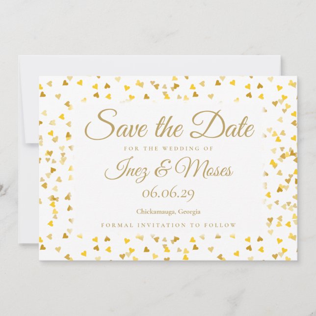 Gold Hearts Confetti Save the Date Einladung (Vorderseite)