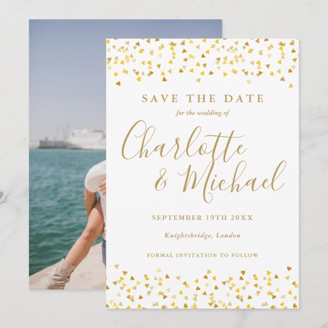 Gold Hearts Confetti Script Foto Wedding Save The Date (Vorne/Hinten)