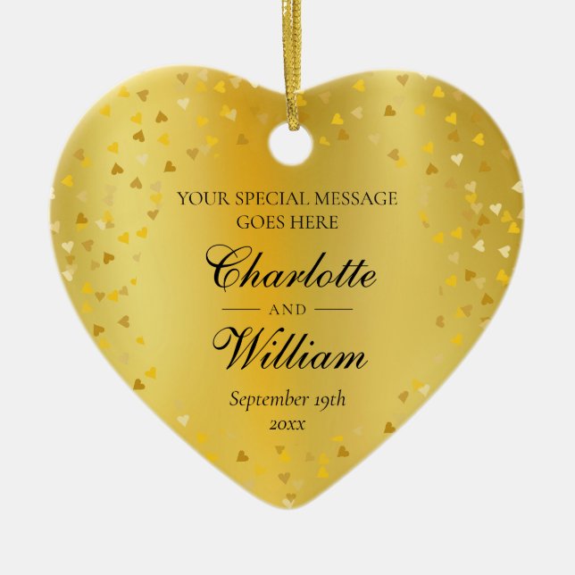 Gold Hearts Confetti Wedding Custom Monogram Keramik Ornament (Vorne)