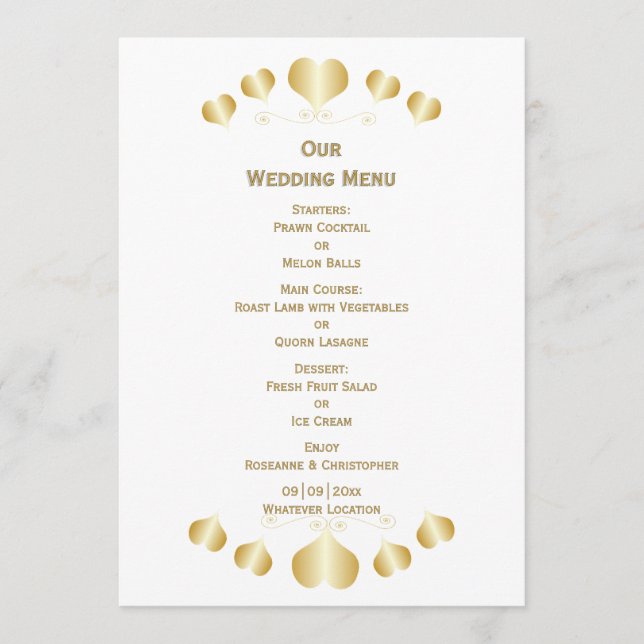 Gold Hearts Design Hochzeit Menükarte (Vorderseite)