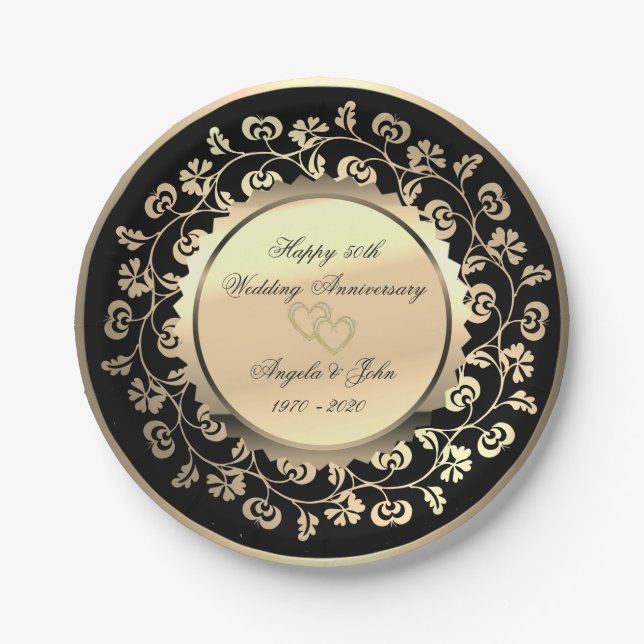 Gold Hearts Floral 50. Wedding Anniversar Pappteller (Vorderseite)