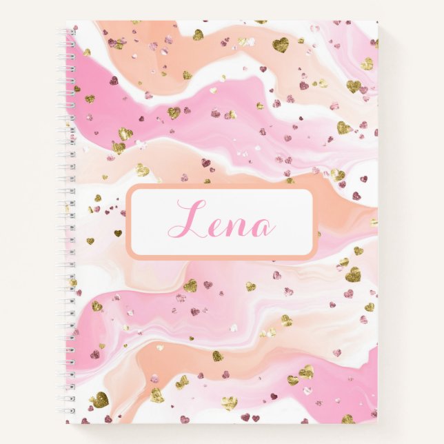 Gold Hearts Glitzer Rosa Personalisiertes Notebook Notizbuch (Vorderseite)