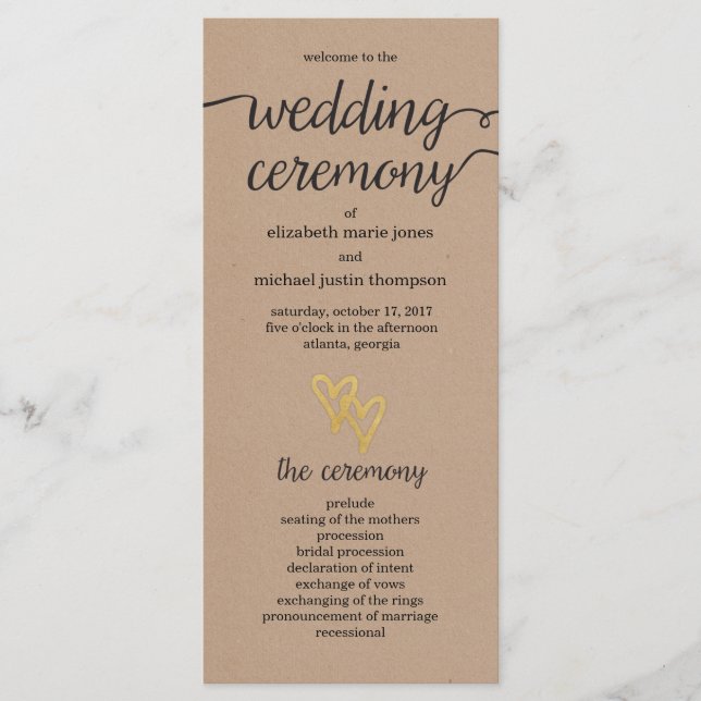 Gold Hearts Kraft Wedding Program Programm (Vorderseite)