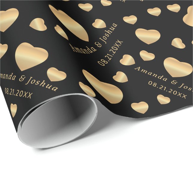 Gold Hearts on Black Geschenkpapier (Rolleneckpunkt)