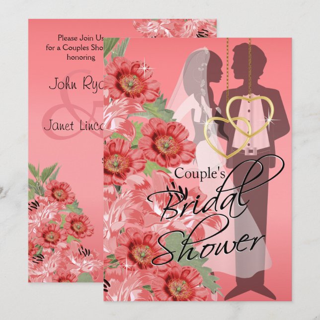 Gold Hearts on Coral Satin Couple's Dusche Einladung (Vorne/Hinten)