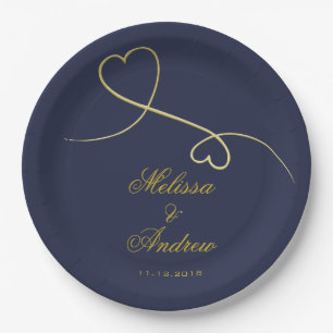 Gold Hearts Ornament Blue Wedding Pappteller