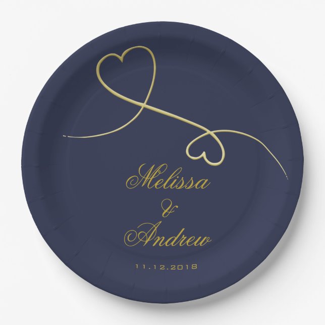 Gold Hearts Ornament | Blue Wedding Pappteller (Vorderseite)