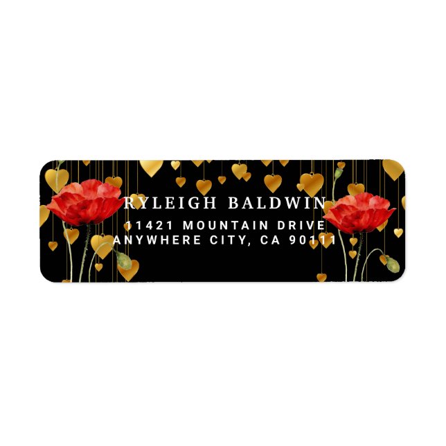 Gold Hearts Red Poppy Rücksendeadresse Label (Vorne)