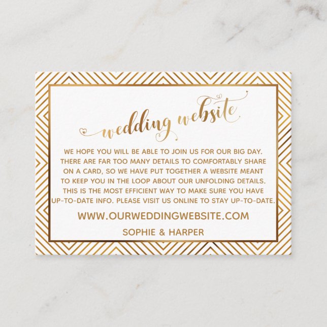Gold Hearts Script auf der White Wedding Website Begleitkarte (Vorderseite)