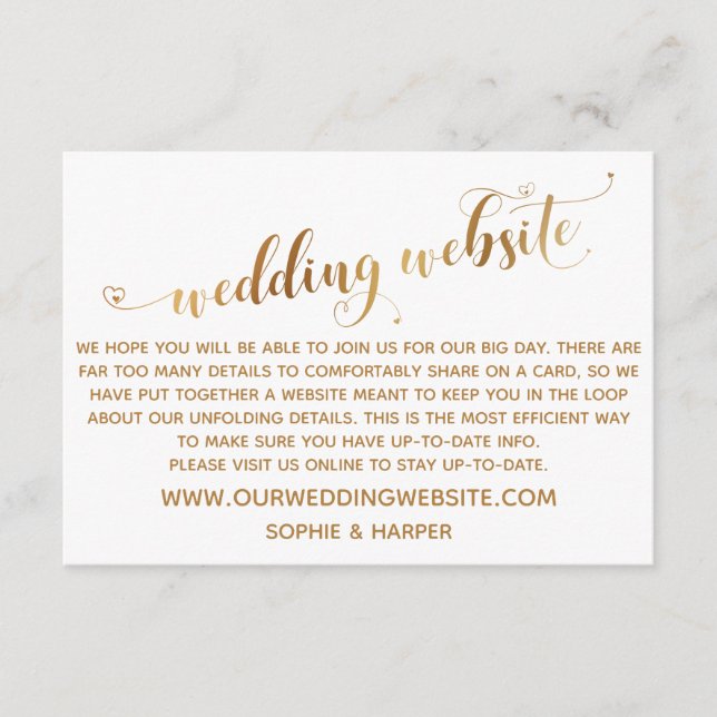 Gold Hearts Script auf der White Wedding Website Begleitkarte (Vorderseite)