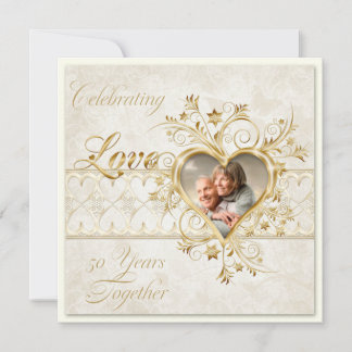 Gold Hearts Swirls Photo 50th Wedding Anniversary Einladung