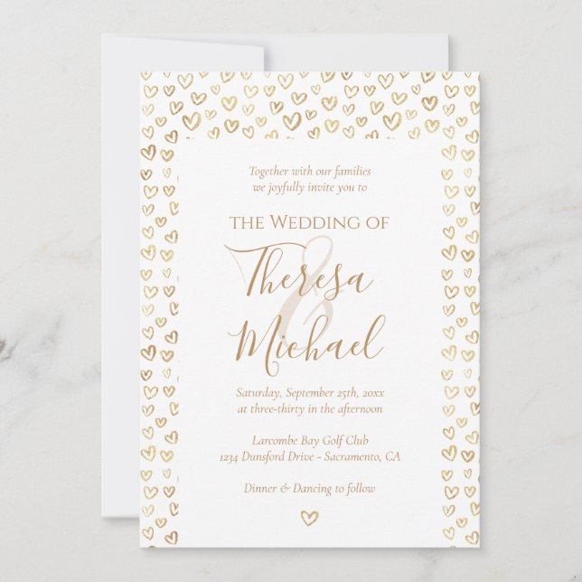 Gold Hearts Wedding Einladung (Vorderseite)