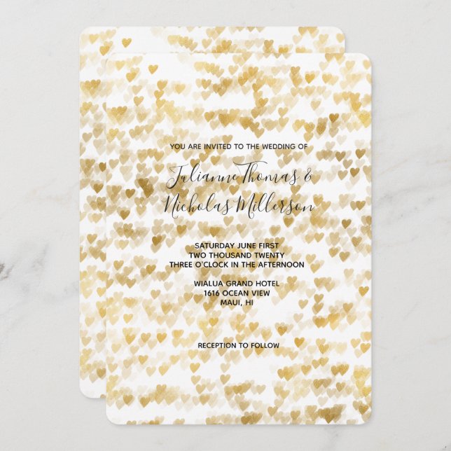 Gold Hearts Wedding Invites Einladung (Vorne/Hinten)