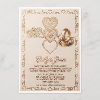 Gold Hearts & Wedding Rings Elegant Invitation Begleitkarte