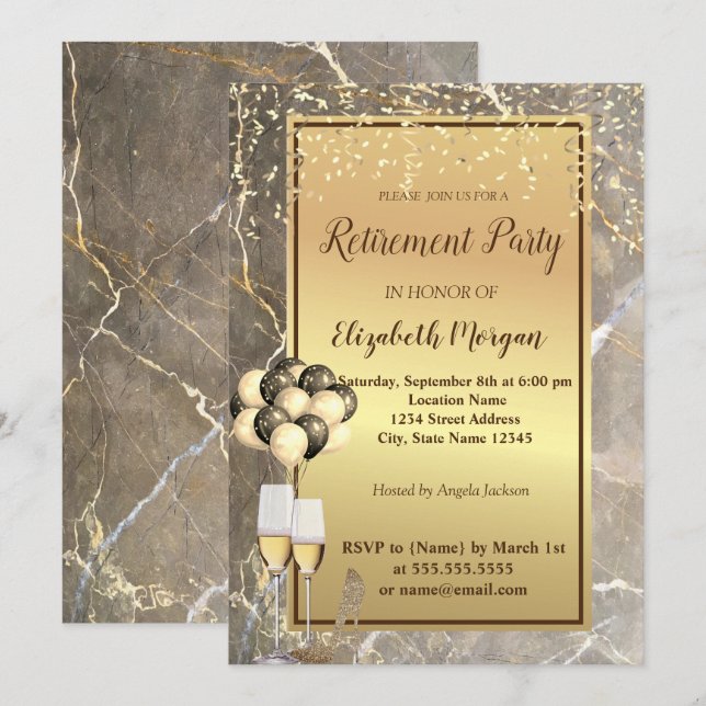Gold-Heelse, Glas, Ballons, Marmorruhestand-Party Einladung (Vorne/Hinten)