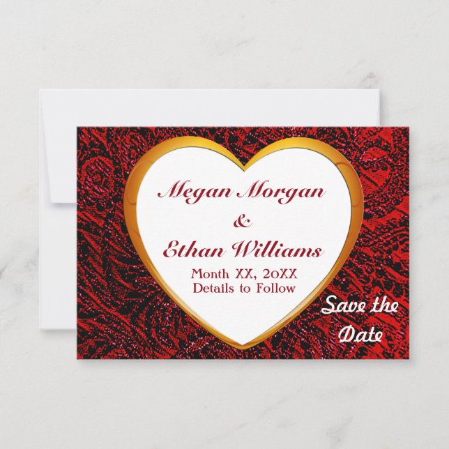 Gold Heft Rahmen & Red Fabric Muster Couple Save The Date (Vorderseite)