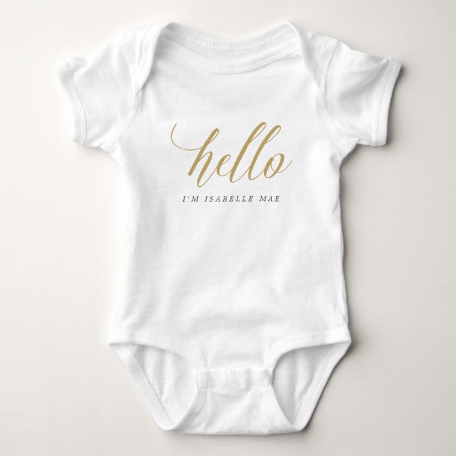 Gold Hello Personalisiert Name Baby Bodysuit Strampler (Vorderseite)