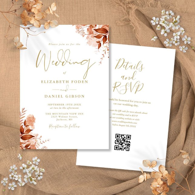 Gold Herbst Floral QR Code Hochzeit Einladung (Gold Autumn Fall Floral QR Code Wedding Invitation)