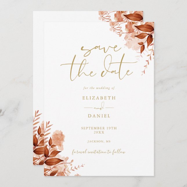 Gold Herbst Floral QR Code Hochzeit Save The Date (Vorne/Hinten)