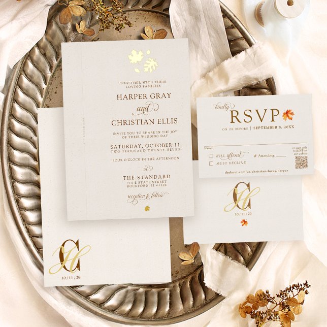 Gold Herbstlaub Elegante Herbstwochenende mit DIY  Folieneinladung (Elegant beige gold foil Fall leaf Autumn add your own ribbon simple unique wedding invitation set)
