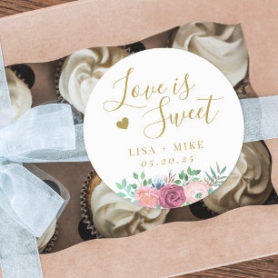 Gold Herz und Pink Florale Liebe ist süße Hochzeit Runder Aufkleber