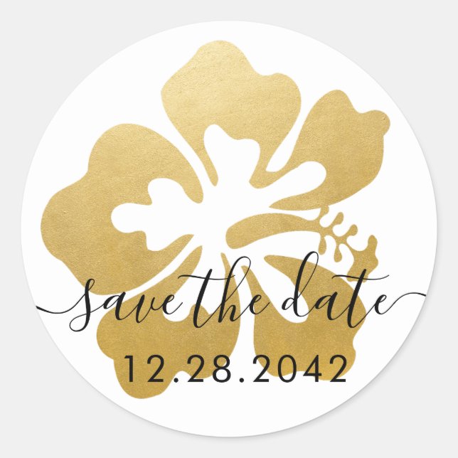 Gold Hibiskus Tropical Blume Save the Date Runder Aufkleber (Vorderseite)