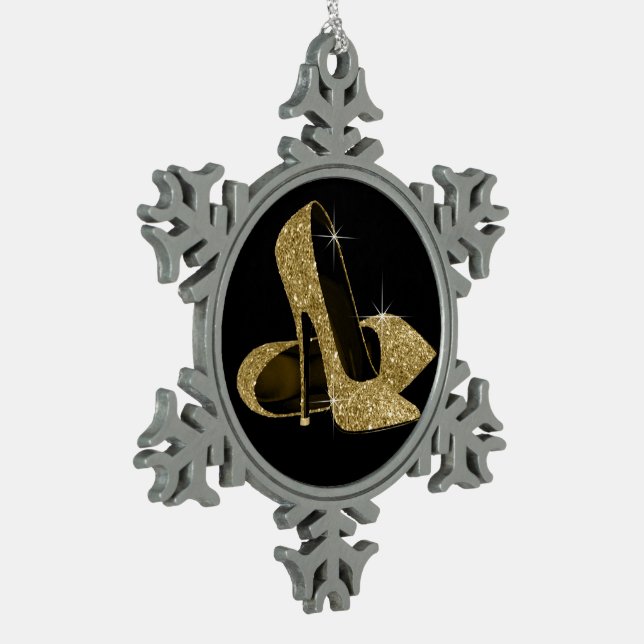 Gold High Heel Shoes Schneeflocken Zinn-Ornament (Links)