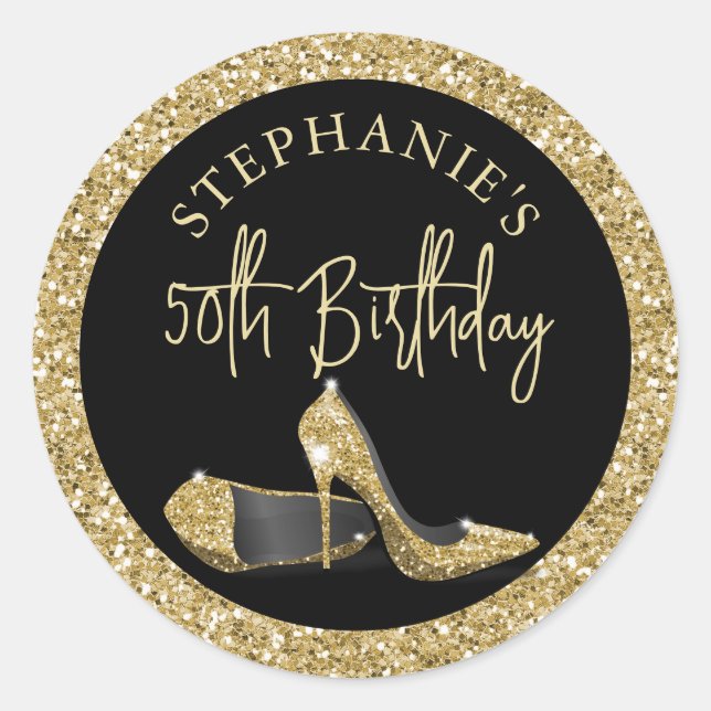 Gold High Heels 50. Geburtstag Personalisiert Runder Aufkleber (Vorderseite)