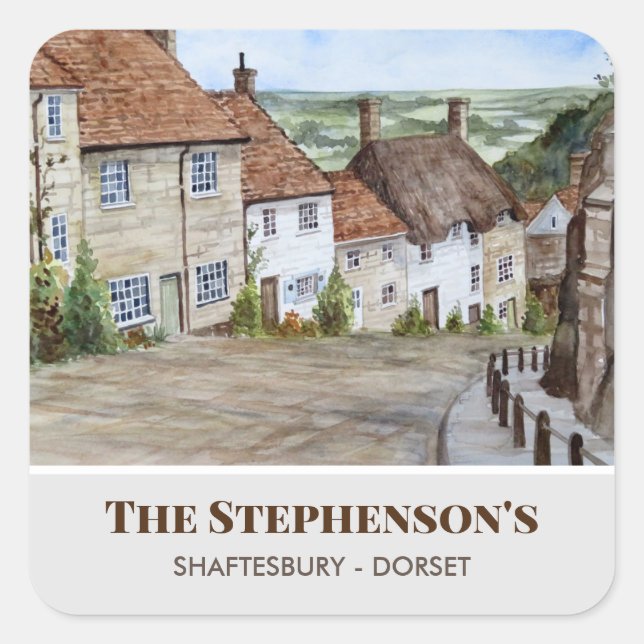 Gold Hill Shaftesbury Dorset England Watercolor Quadratischer Aufkleber (Vorderseite)