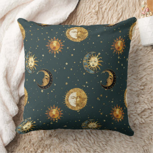Gold Himmelssonne Mond Sterne Mitternachtsblau Kissen