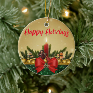 Gold Hintergrund mit Pine Tree und Saint and Fat Keramik Ornament