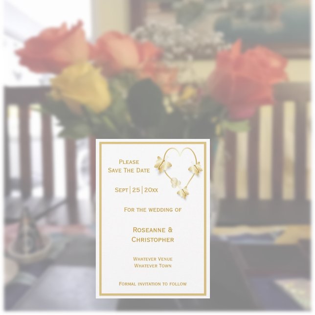 Gold Hochzeiten speichern das Datum der Einladung  (Gold wedding save the date invitation butterflies heart design)