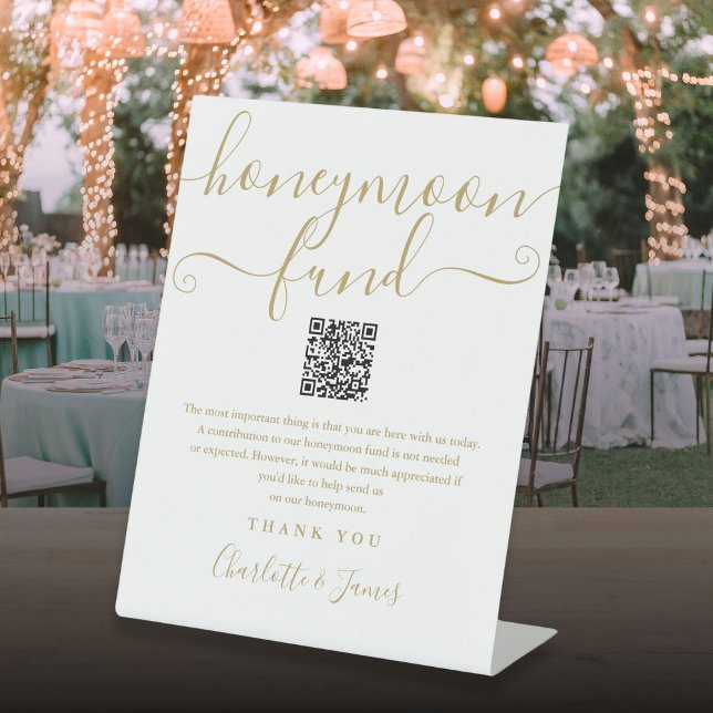 Gold Hochzeitsgeschenk QR Code Sockelschild (Gold Honeymoon Fund QR Code Pedestal Sign)
