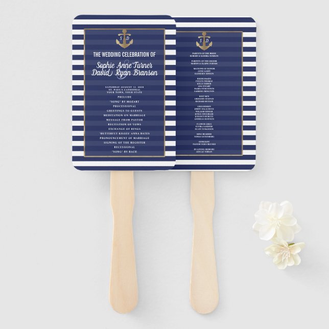 Gold-Hochzeitsprogramm für Nautical Navy Blue Stri Fächer (Vorne und Hinten)