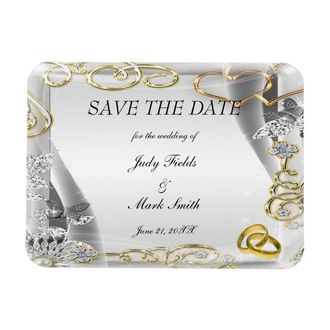 Gold-Hochzeitsraten und -Herz sichern das Date Mag Magnet (Horizontal)