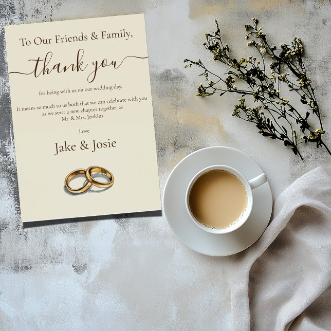 Gold Hochzeitsringe danke Table Card (To our friends & family thank you, wedding card with an illustration of 2 gold wedding rings.)