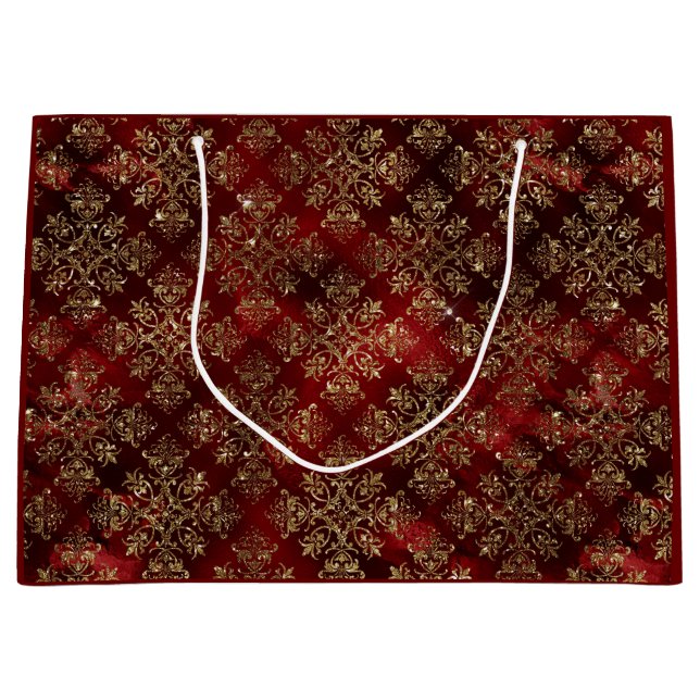 Gold Holiday Christmas Metallic Damask Elegante  Große Geschenktüte (Vorderseite)